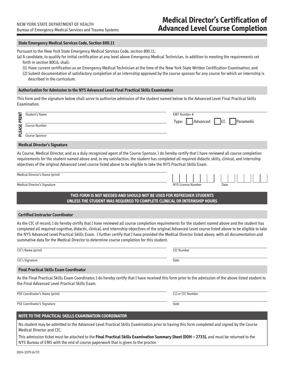 Form DOH-3379 Medical Directors Certification of Advanced Level Course Completion - New York, Page 1
