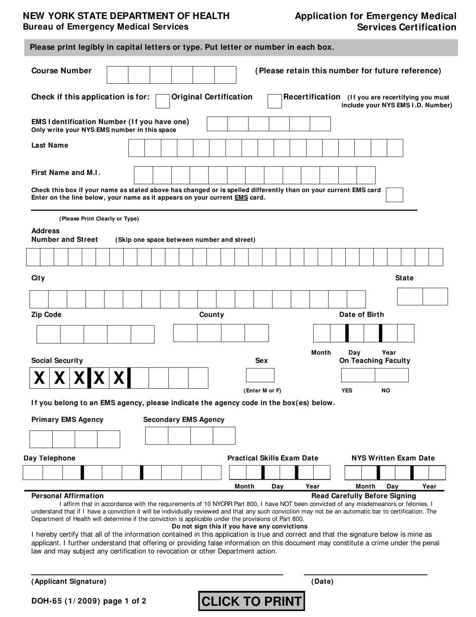 Form DOH-65 Application for Emergency Medical Services Certification - New York, Page 1