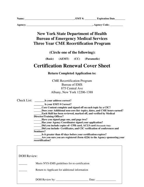 Cme Certification Renewal Cover Sheet - New York