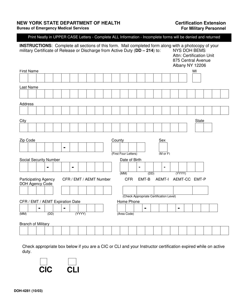 Form DOH-4281 Certification Extension for Military Personnel - New York, Page 1