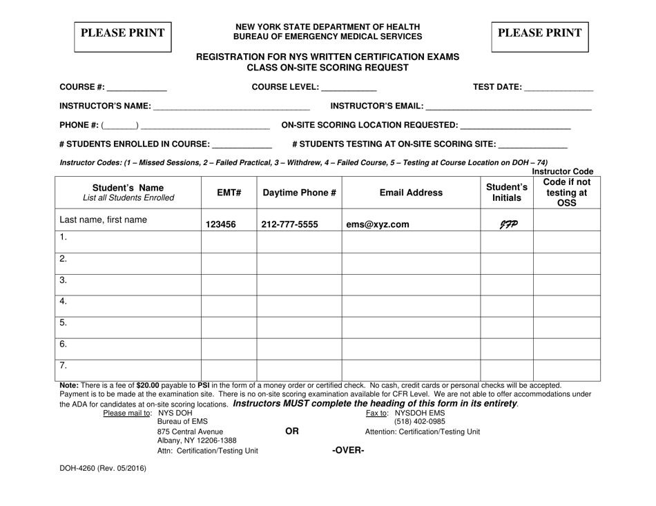 Form DOH-4260 Registration for NYS Written Certification Exams Class on-Site Scoring Request - New York, Page 1
