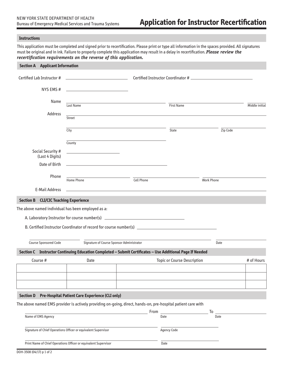Form DOH-3508 Application for Instructor Recertification - New York, Page 1
