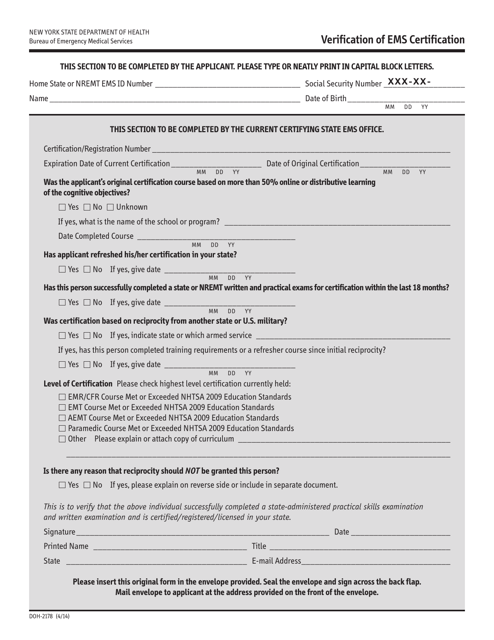 Form DOH-2178 Verification of EMS Certification - New York
