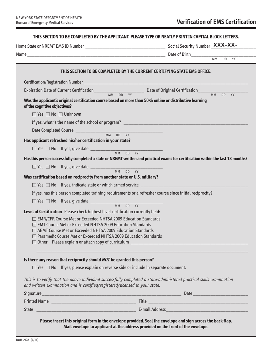 Form DOH-2178 Verification of EMS Certification - New York, Page 1