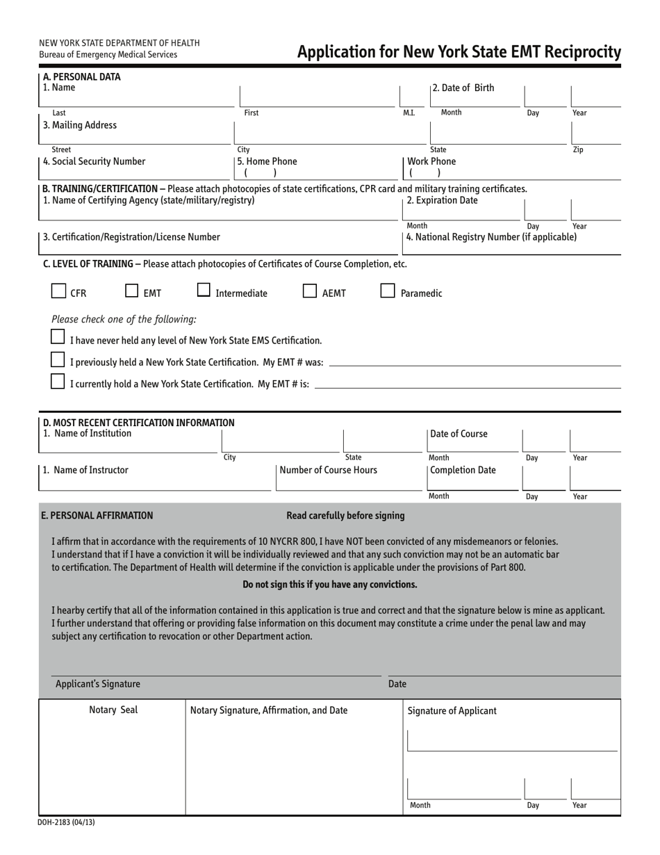 Form DOH-2183 - Fill Out, Sign Online and Download Fillable PDF, New ...