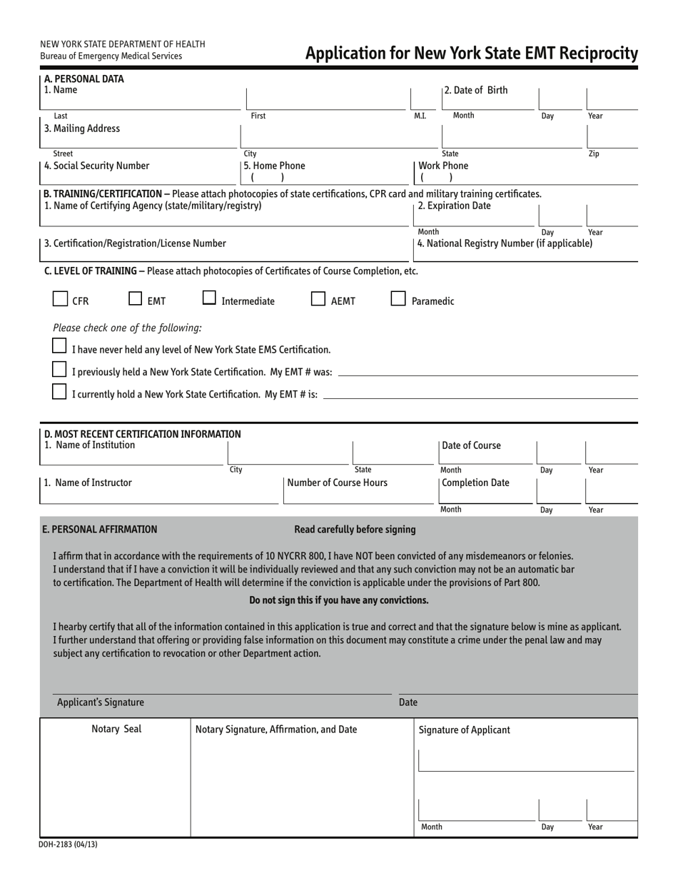 Form DOH-2183 Application for New York State Emt Reciprocity - New York, Page 1