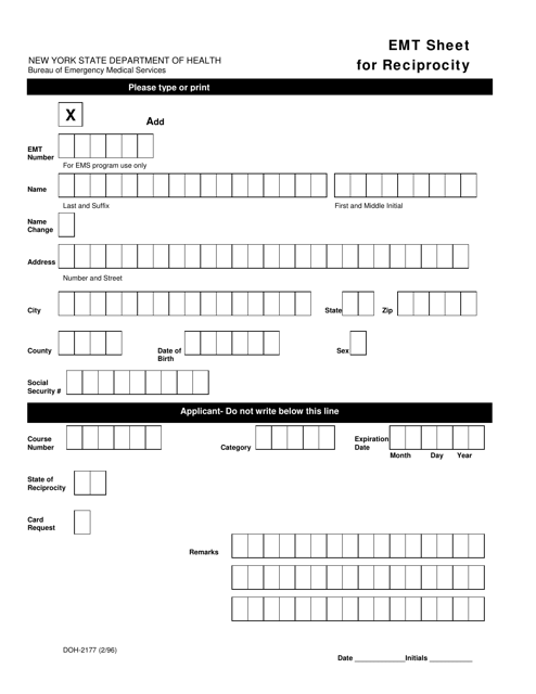 Form DOH-2177 Emt Sheet for Reciprocity - New York