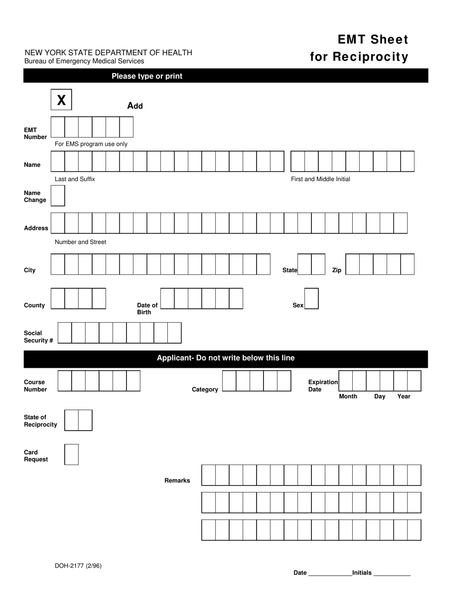Form DOH-2177 Emt Sheet for Reciprocity - New York, Page 1