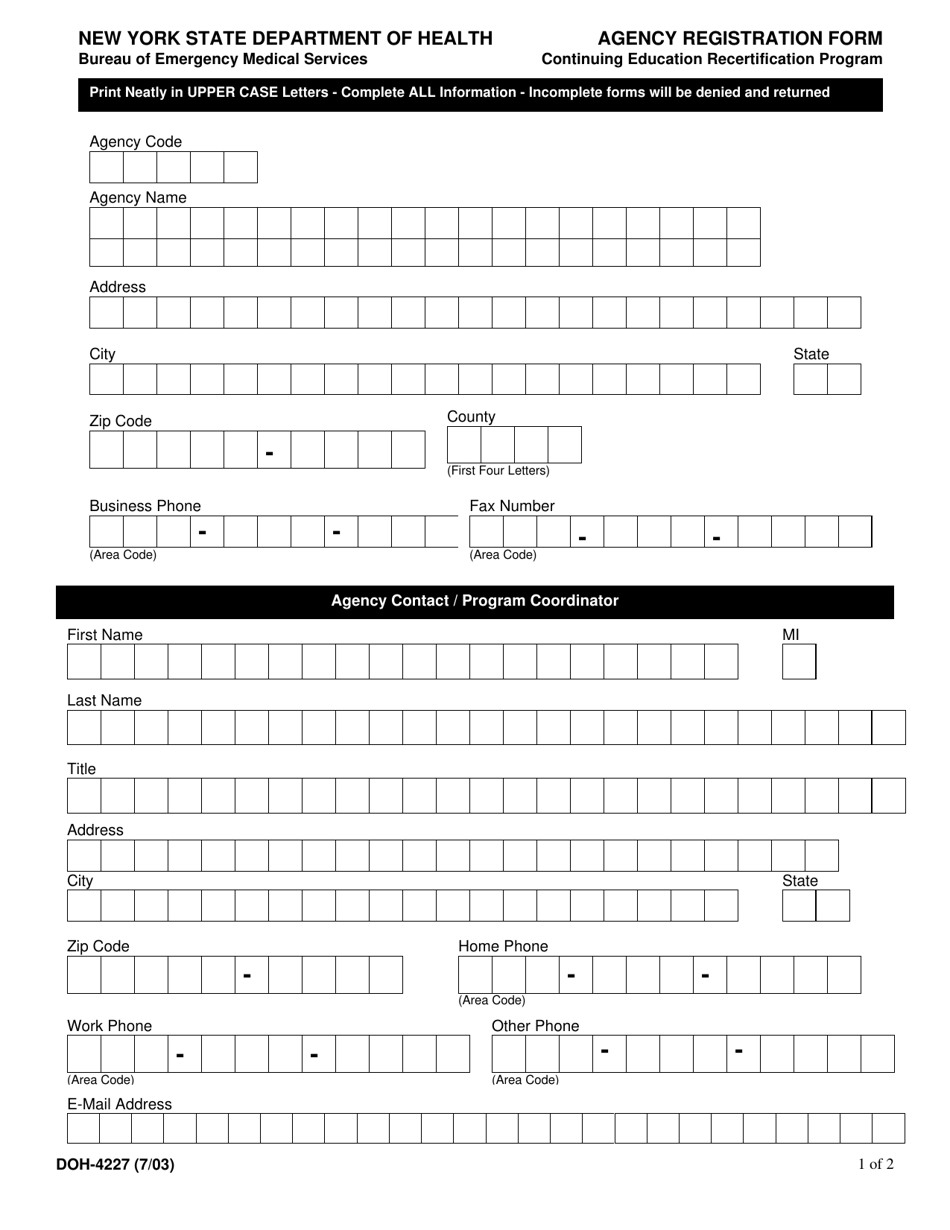 Form DOH-4227 Agency Registration Form - New York, Page 1