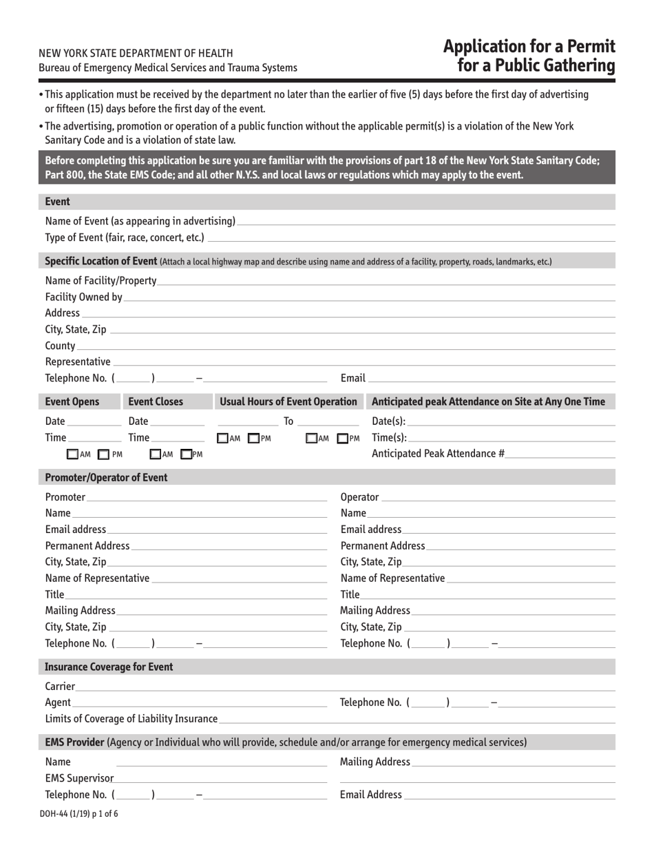 Form DOH-44 Application for a Permit for a Public Gathering - New York, Page 1