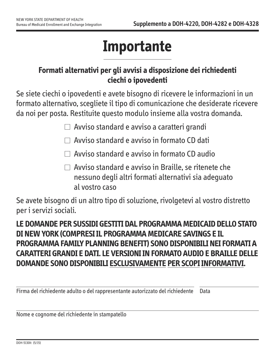 Form DOH-5130 Alternative Format Supplement - Options to Receive Information if You Are Blind or Visually Impaired - New York (Italian), Page 1