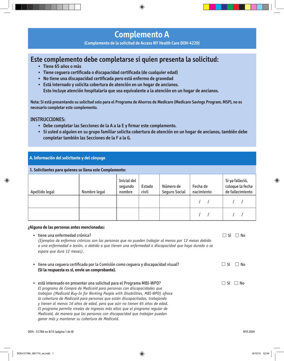 Formulario DOH-5178A-ES Suplemento A Complemento De La Solicitud De Access Ny Health Care Doh-4220 - New York (Spanish), Page 1