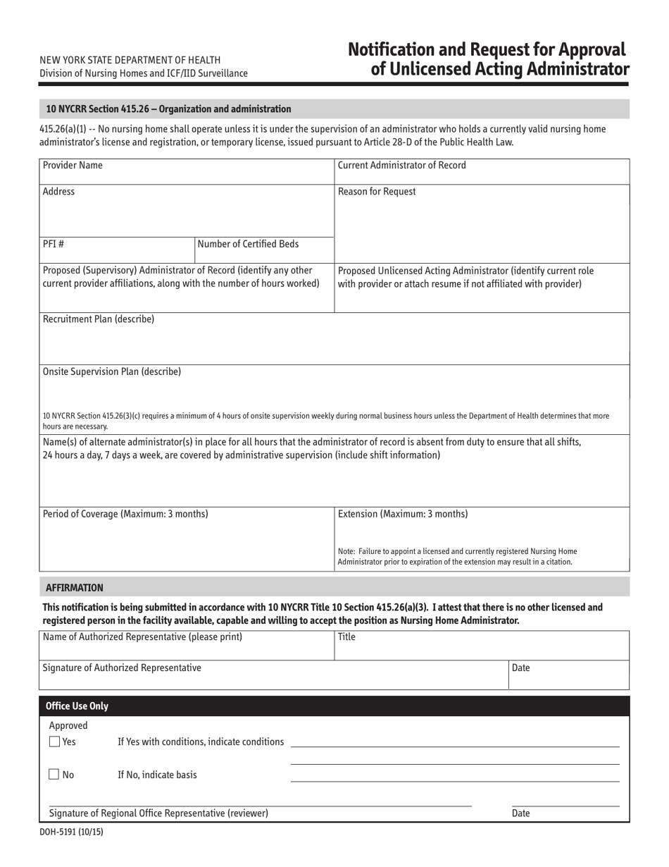 Form DOH-5191 Notification and Request for Approval of Unlicensed Acting Administrator - New York, Page 1