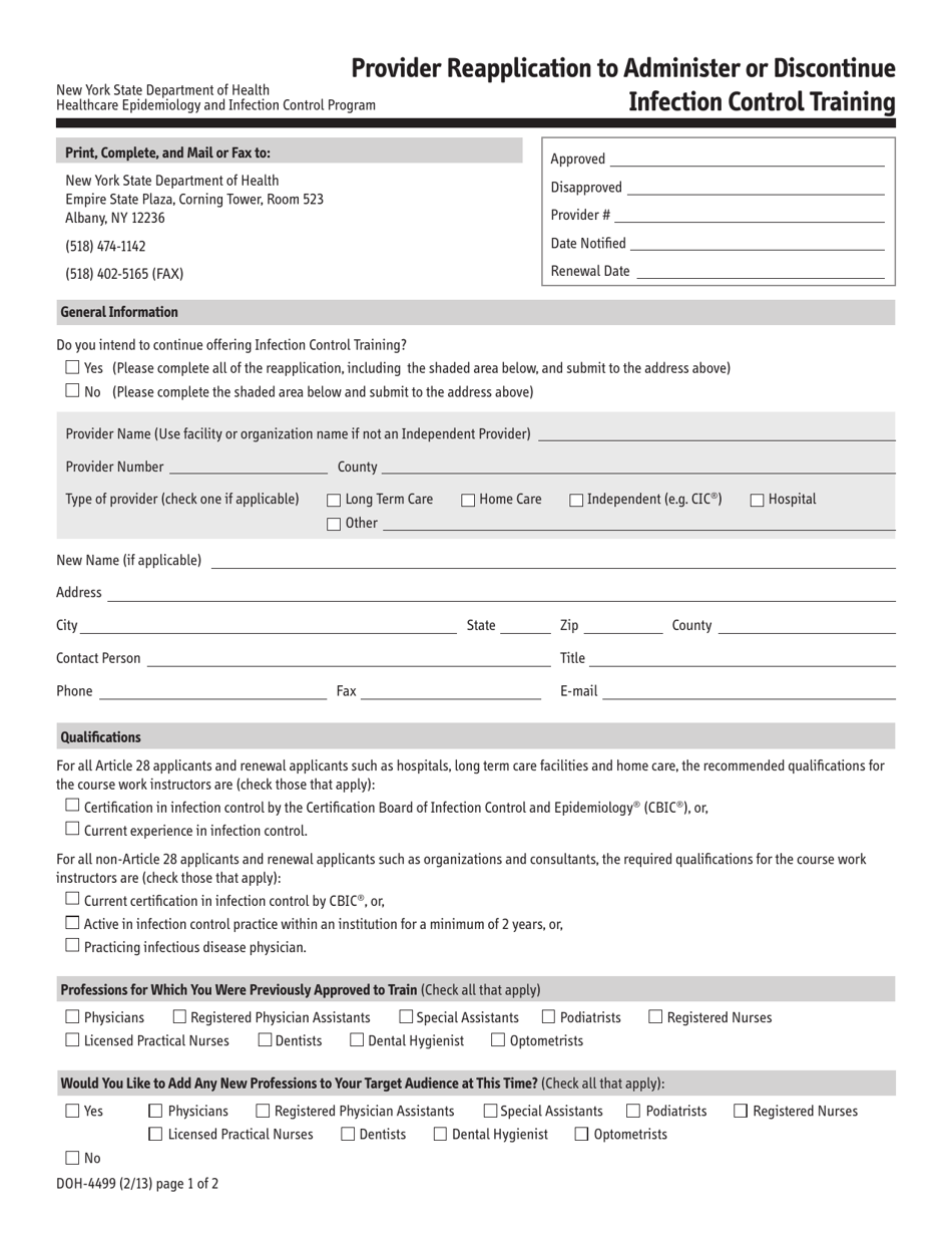 Form DOH-4499 Provider Reapplication to Administer or Discontinue - Infection Control Training - New York, Page 1