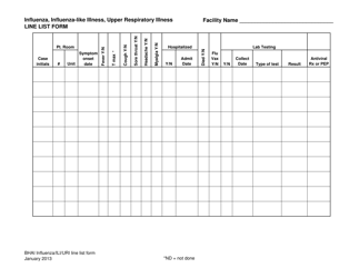 Document preview: Influenza, Influenza-like Illness, Upper Respiratory Illness Line List Form - New York