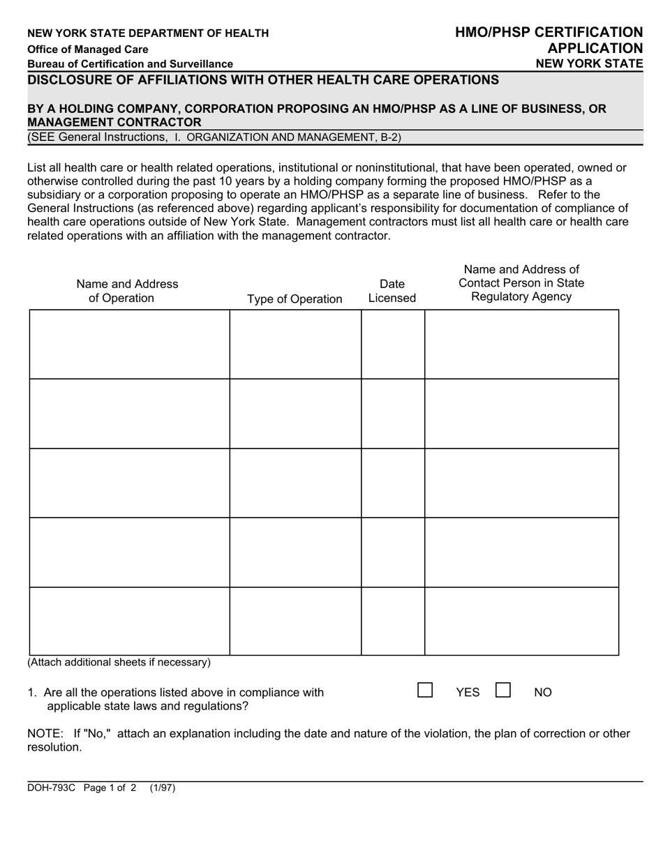 Form DOH-793C HMO / Phsp Certification Application - New York, Page 1