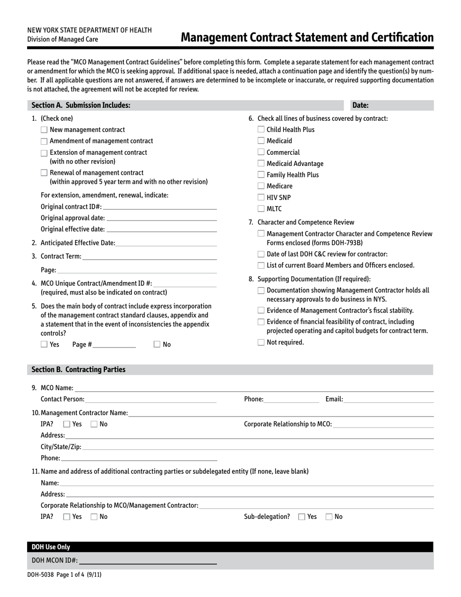 Form DOH-5038 Management Contract Statement and Certification - New York, Page 1