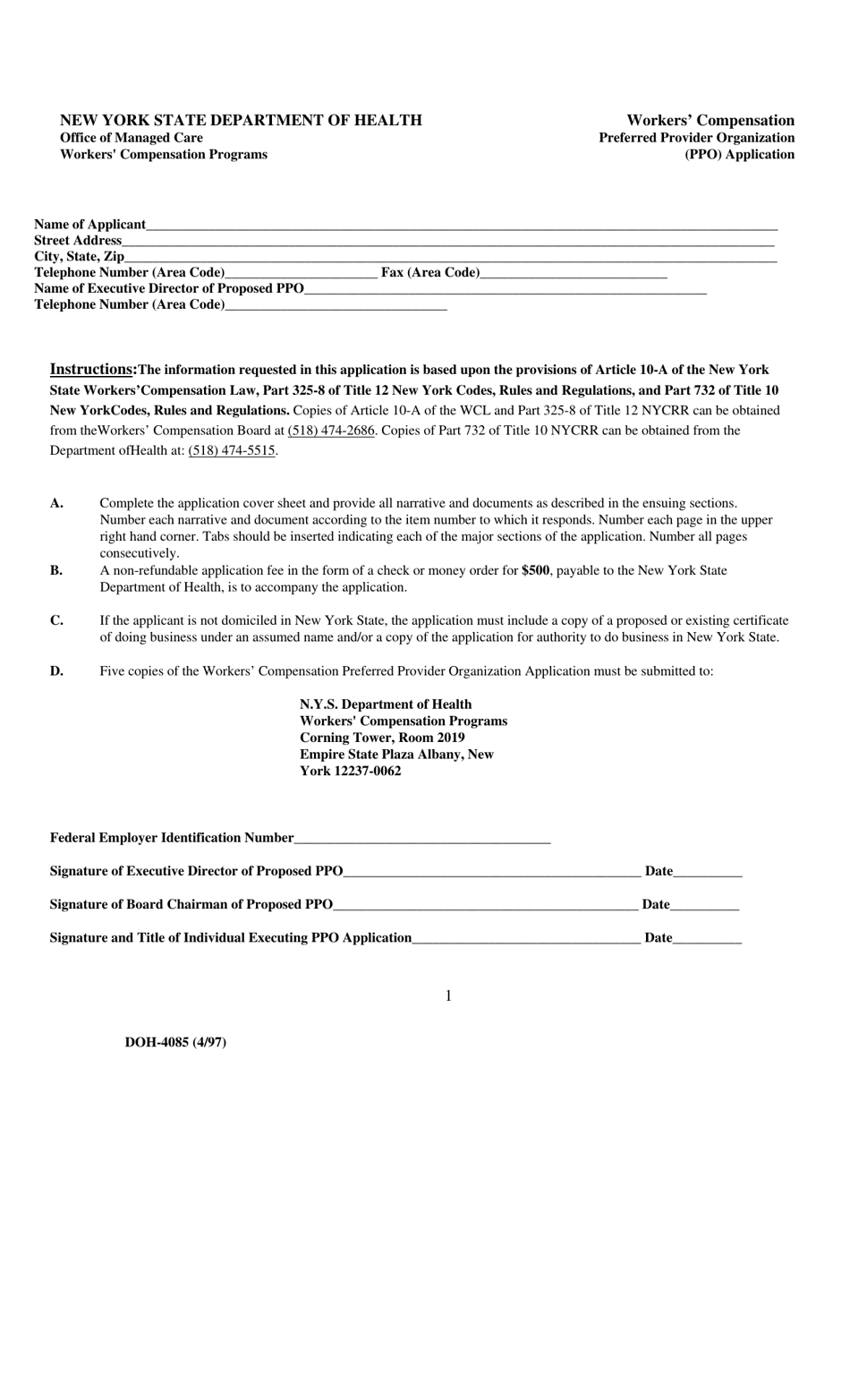 Form DOH-485 Workers Compensation Preferred Provider Organization (Ppo) Application - New York, Page 1