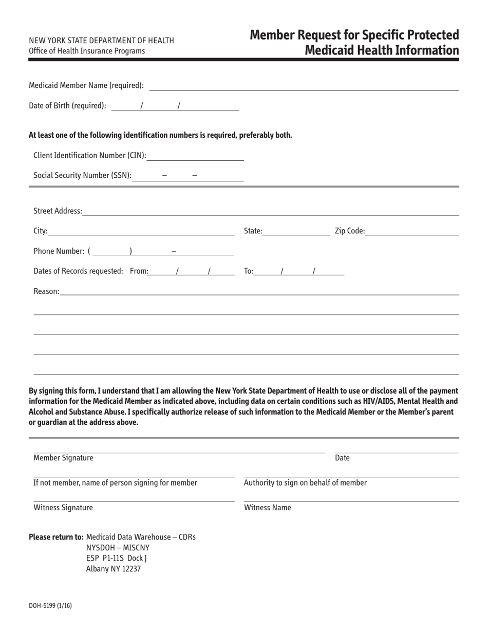 Form DOH-5199 Member Request for Specific Protected Medicaid Health Information - New York, Page 1