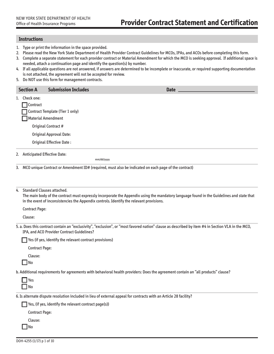 Form DOH-4255 Provider Contract Statement and Certification - New York, Page 1