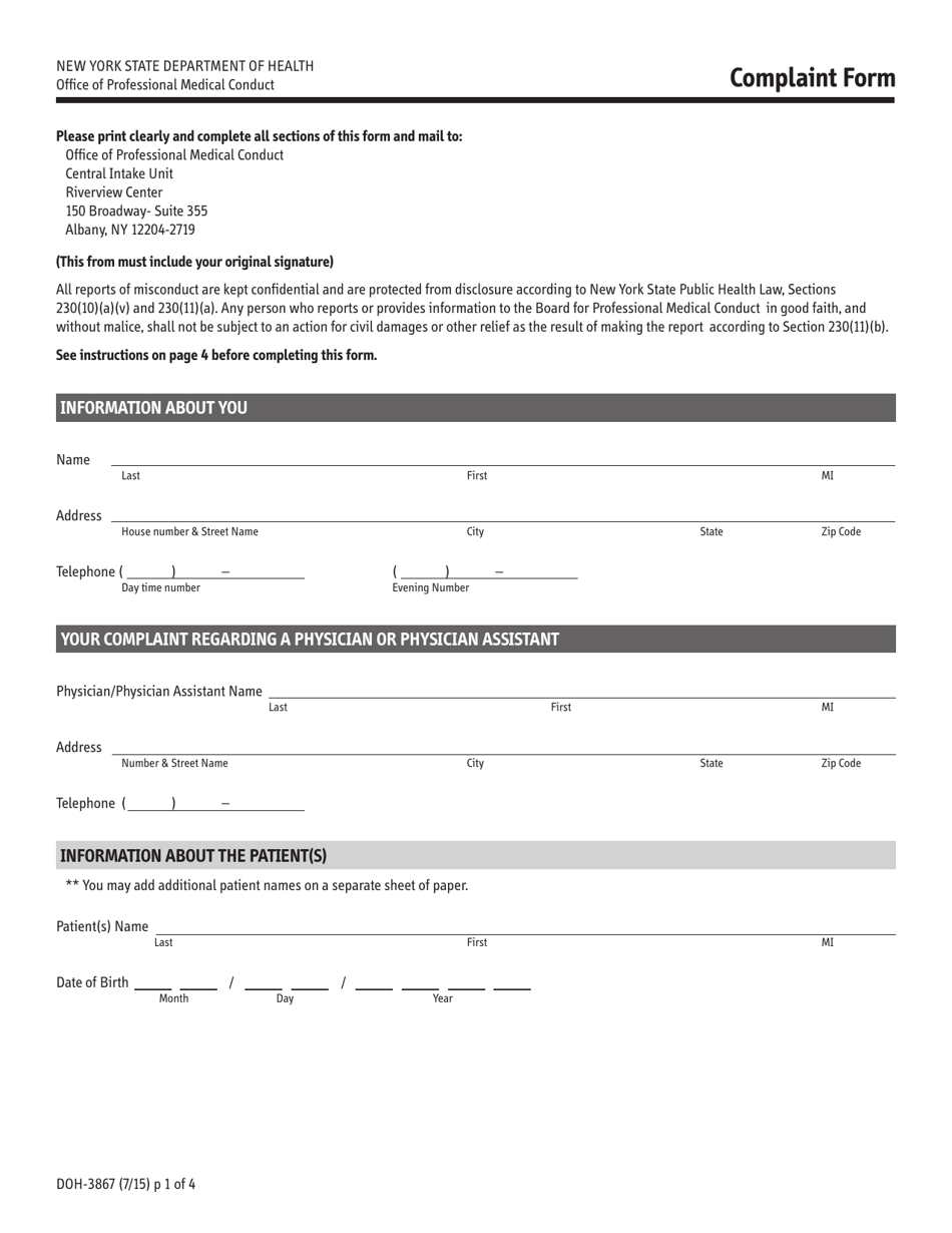 Form DOH-3867 Complaint Form - New York, Page 1