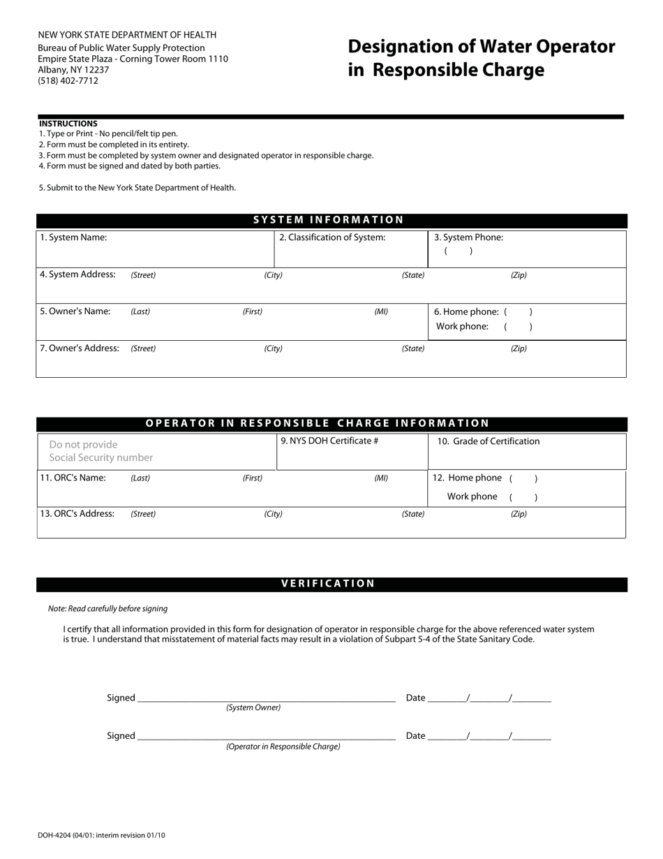 Form DOH-4204 Designation of Water Operator in Responsible Charge - New York, Page 1