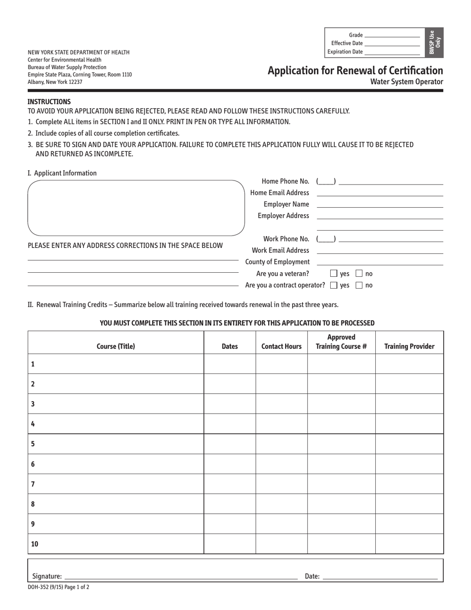 Form DOH-352 Application for Renewal of Certification Water System Operator - New York, Page 1