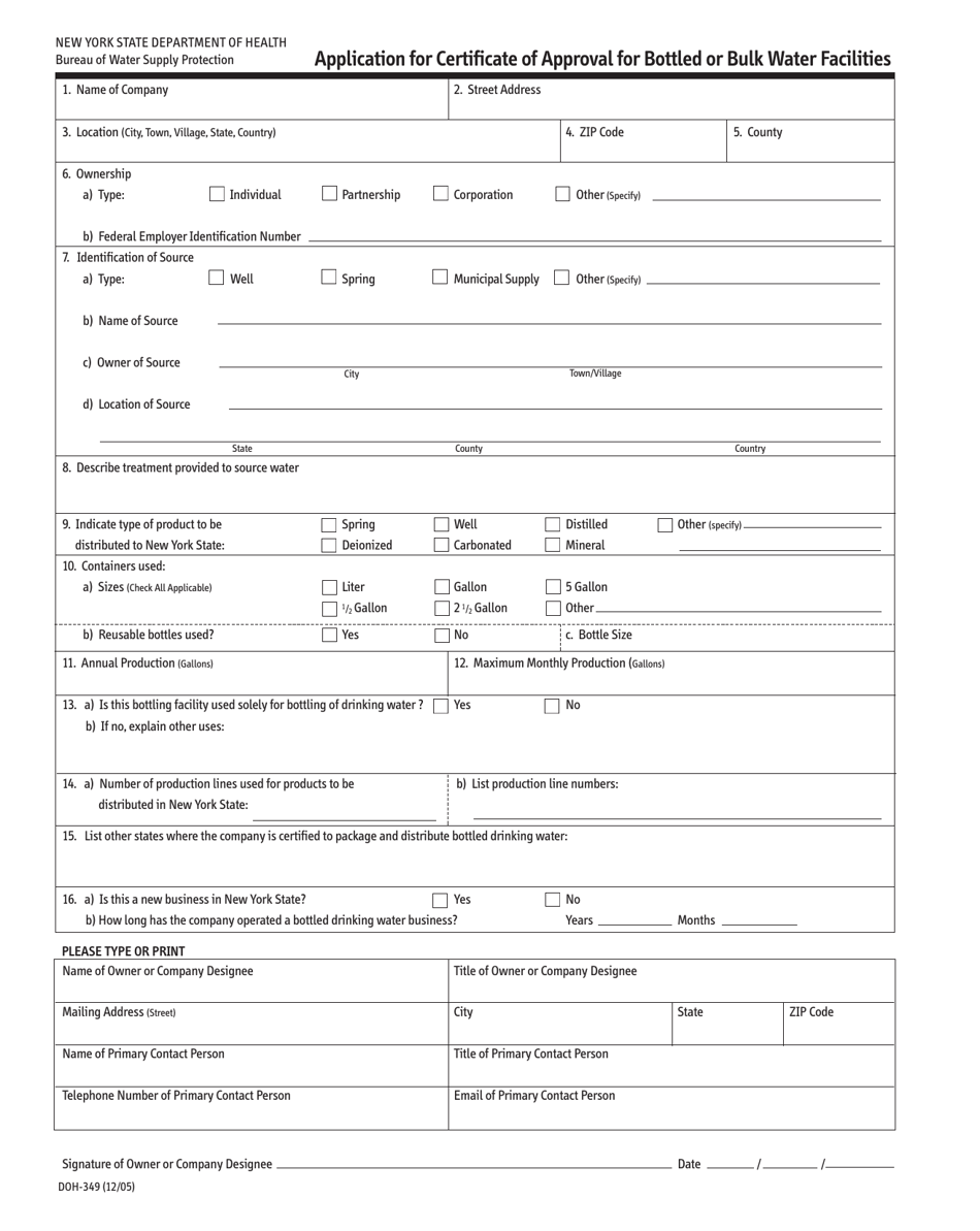 Form DOH-349 Application for Certificate of Approval for Bottled or Bulk Water Facilities - New York, Page 1