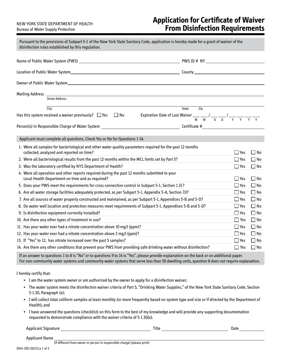 Form DOH-350 Application for Certificate of Waiver From Disinfection Requirements - New York, Page 1
