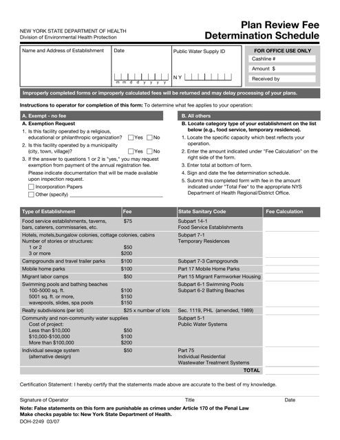 Form DOH-2249 Plan Review Fee Determination Schedule - New York