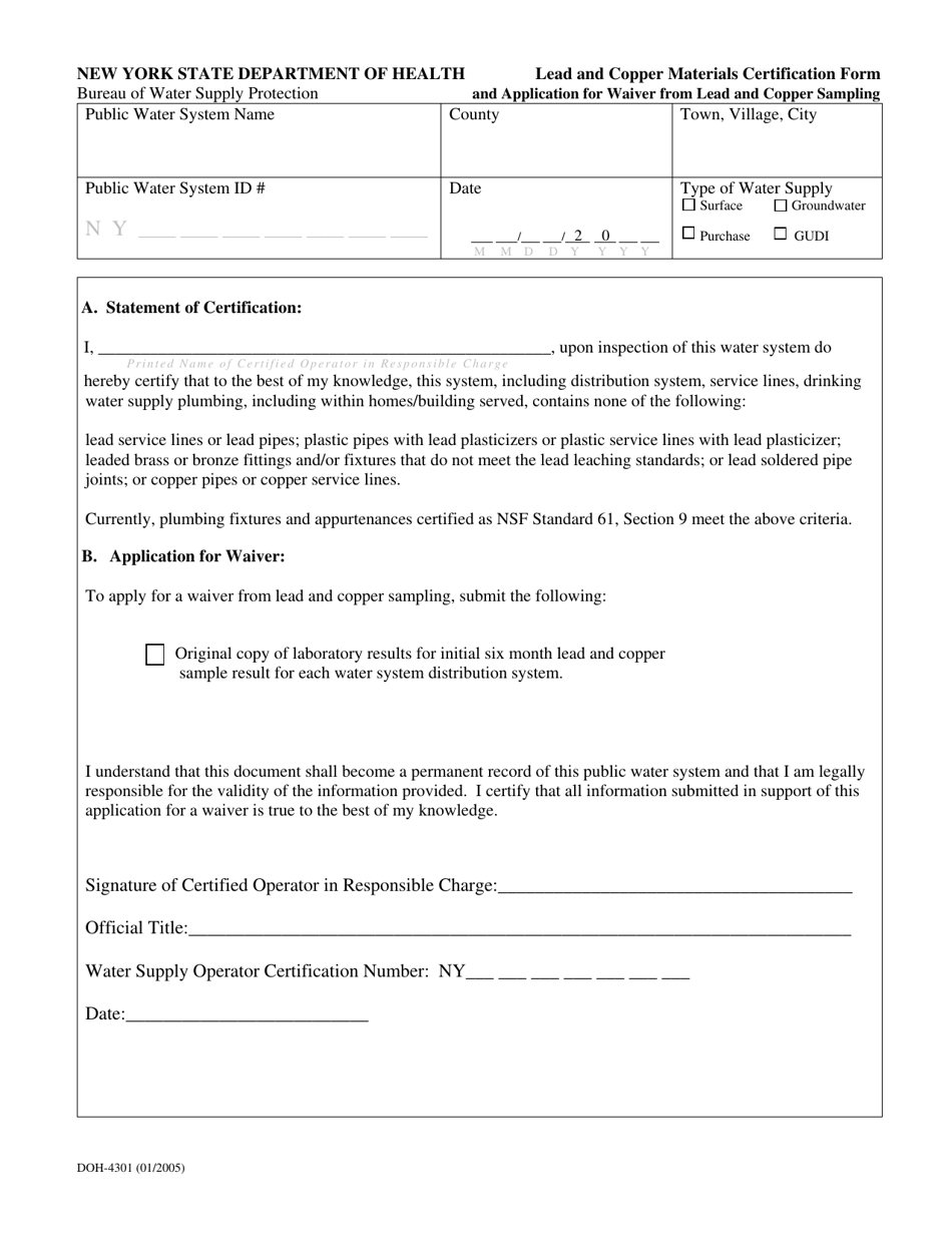 Form DOH-4301 Lead and Copper Materials Certification Form and Application for Waiver From Lead and Copper Sampling - New York, Page 1