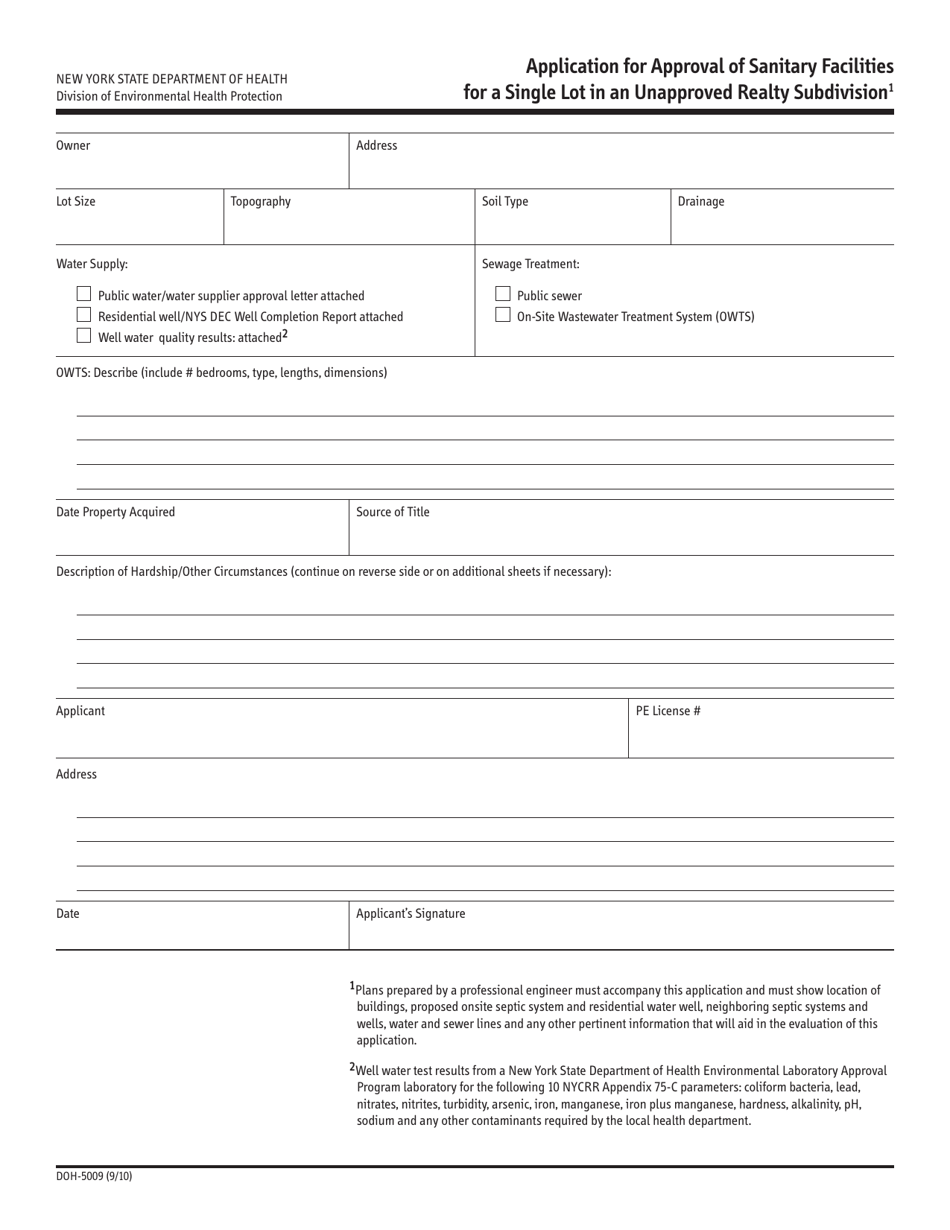 Form DOH-5009 Application for Approval of Sanitary Facilities for a Single Lot in an Unapproved Realty Subdivision - New York, Page 1