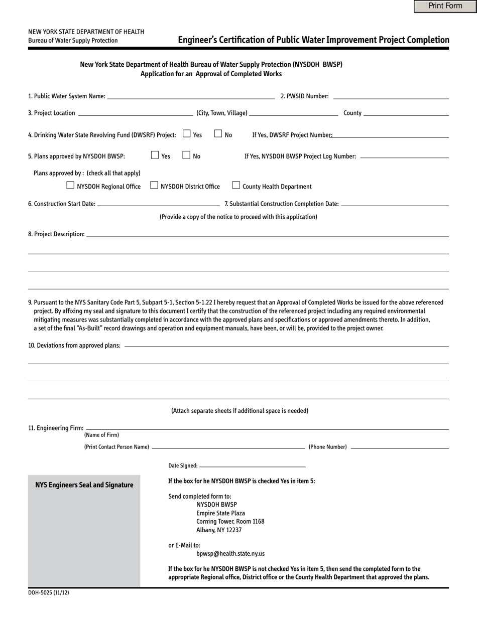 Form DOH-5025 Engineers Certification of Public Water Improvement Project Completion - New York, Page 1