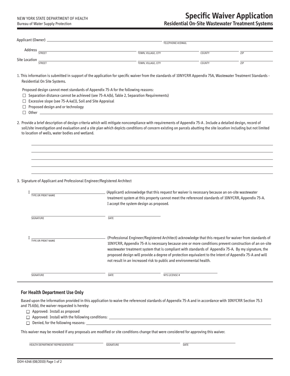 Form DOH-4346 Specific Waiver Application Residential on-Site Watewater Treatment Systems - New York, Page 1