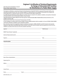 Form DOH-5205 Engineer&#039;s Certification of Technical Requirements for Design of Ultraviolet (Uv) Facilities for Disinfection of a Public Water Supply - New York