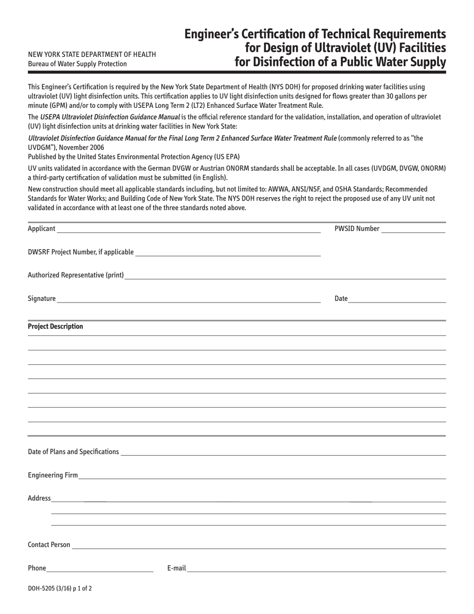 Form DOH-5205 Engineers Certification of Technical Requirements for Design of Ultraviolet (Uv) Facilities for Disinfection of a Public Water Supply - New York, Page 1
