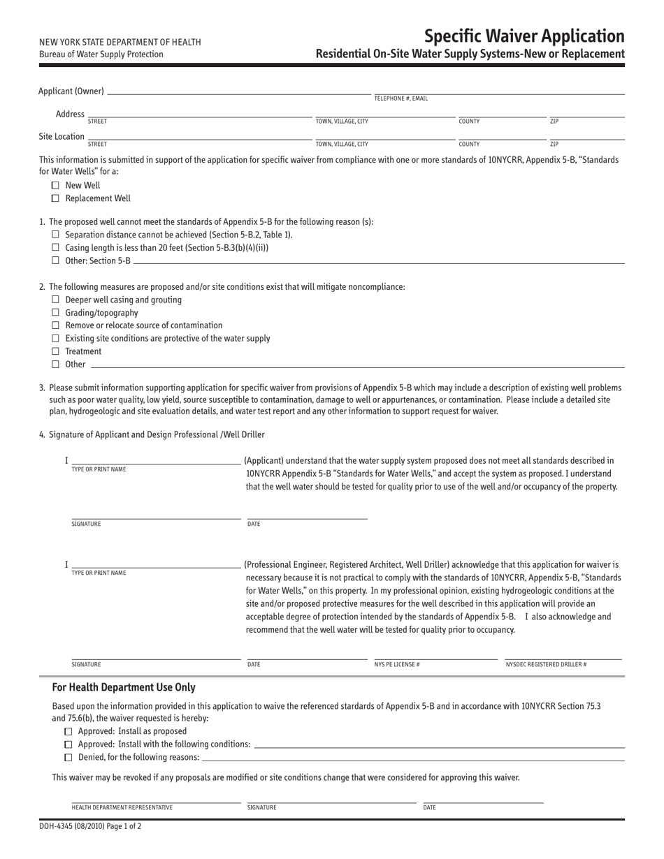 Form DOH-4345 Specific Waiver Application Residential on-Site Water Supply Systems New or Replacement - New York, Page 1