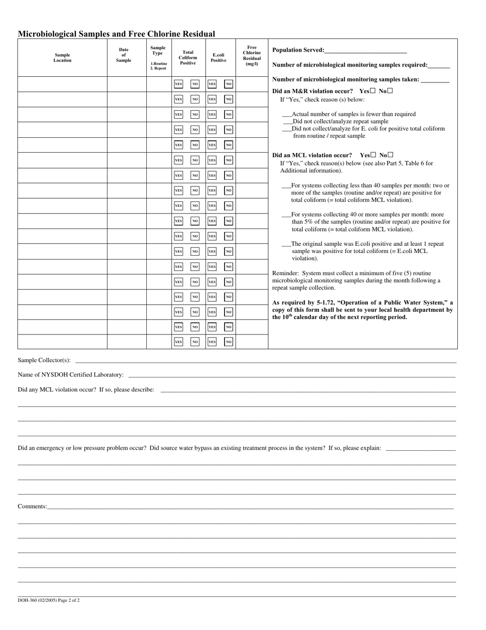 Form DOH-360 Water Systems Operation Report - Microbiological Sample Results - New York, Page 2