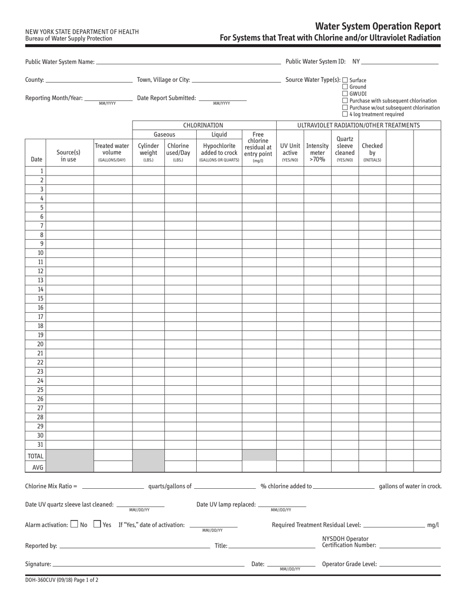 Form DOH-360CUV Water Systems Operation Report - for Systems That Treat With Chlorine and / or Ultraviolet Radiation - New York, Page 1