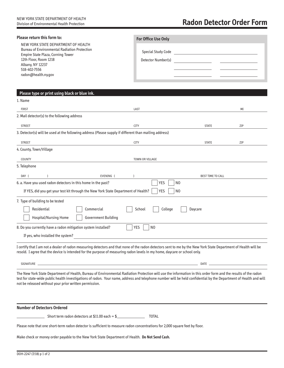 Form DOH-2247 Radon Detector Order Form - New York, Page 1