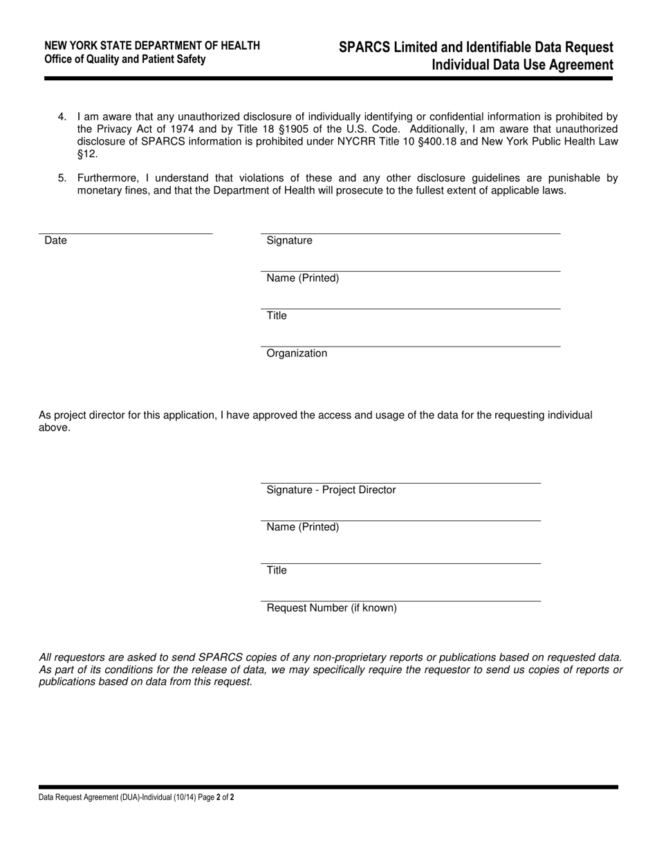 Sparcs Limited and Identifiable Data Request Individual Data Use Agreement - New York, Page 2