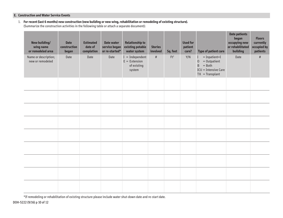 Form DOH-5222 Environmental Assessment of Water Systems in Healthcare Settings - New York, Page 10