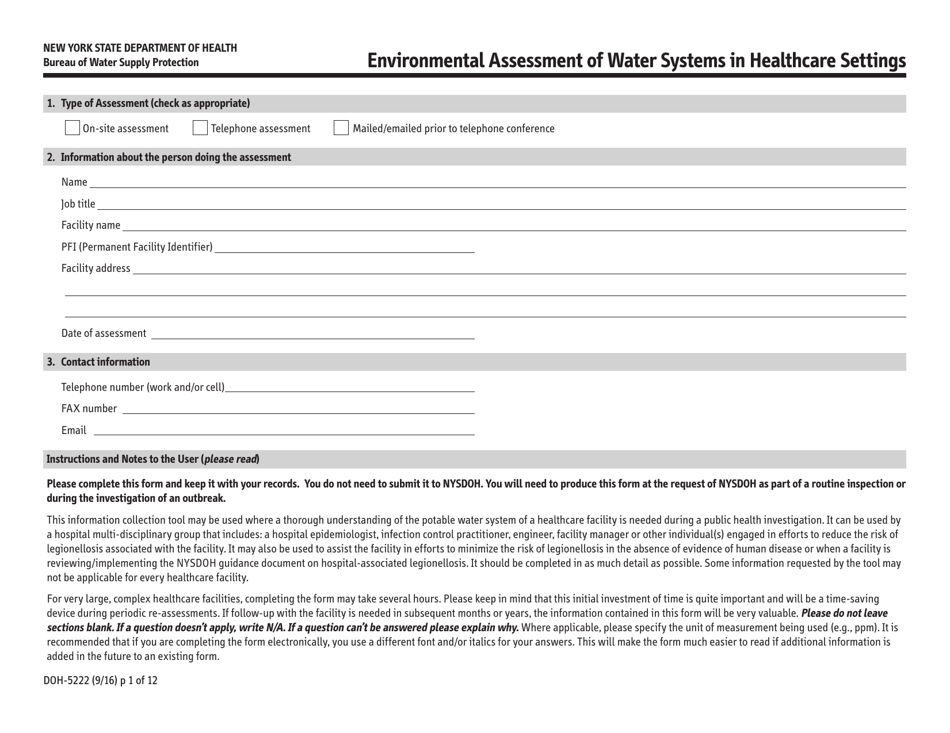 Form DOH-5222 Environmental Assessment of Water Systems in Healthcare Settings - New York, Page 1
