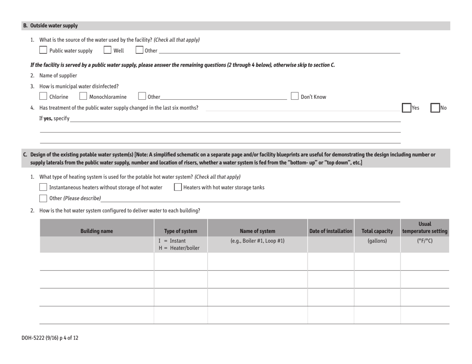 Form DOH-5222 Environmental Assessment of Water Systems in Healthcare Settings - New York, Page 4