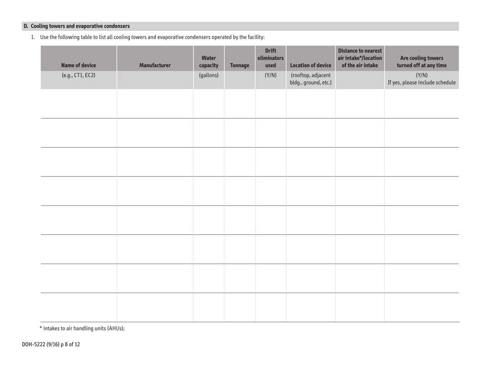 Form DOH-5222 Environmental Assessment of Water Systems in Healthcare Settings - New York, Page 8