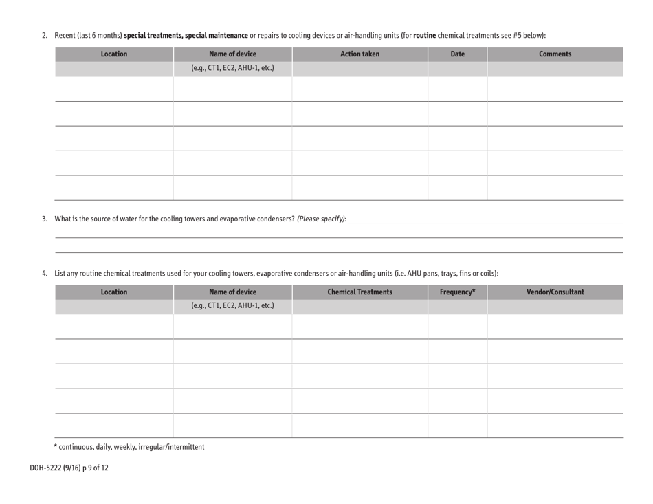 Form DOH-5222 Environmental Assessment of Water Systems in Healthcare Settings - New York, Page 9
