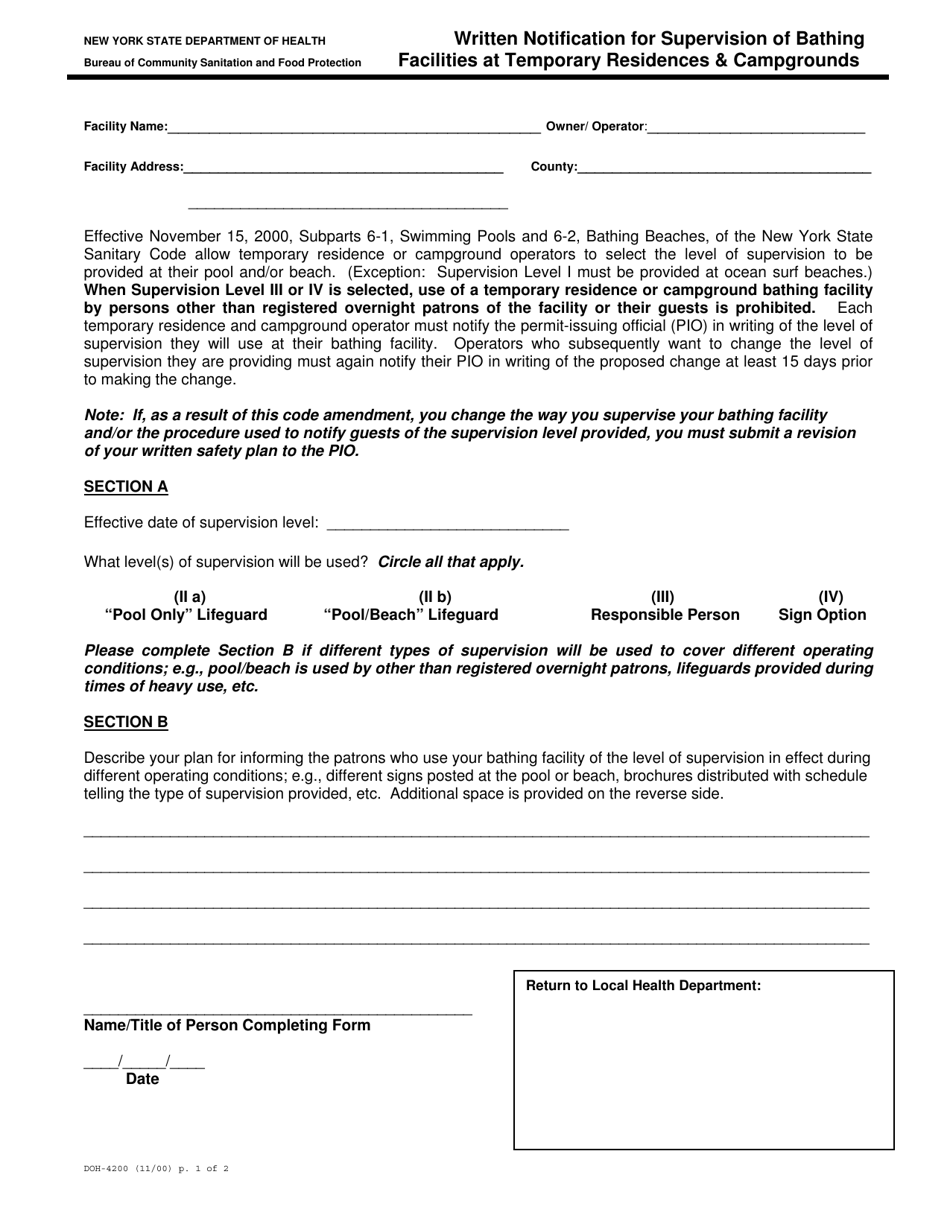 Form DOH-4200 Written Notification for Supervision of Bathing Facilities at Temporary Residences  Campgrounds - New York, Page 1