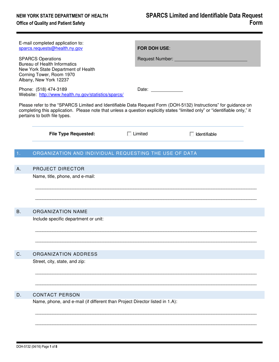 Form DOH-5132 Sparcs Limited and Identifiable Data Request Form - New York, Page 1