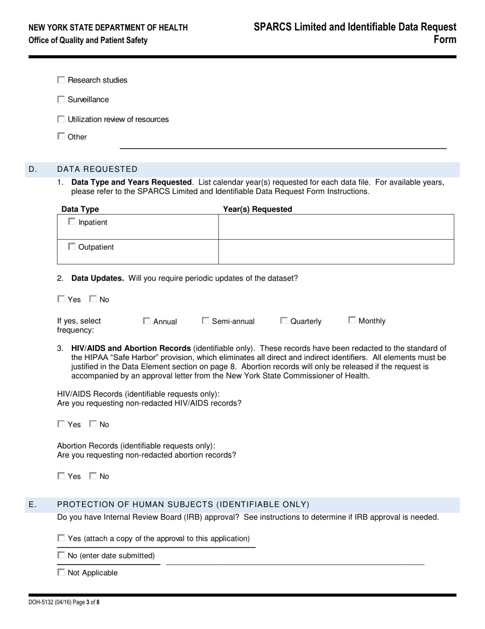 Form DOH-5132 Sparcs Limited and Identifiable Data Request Form - New York, Page 3