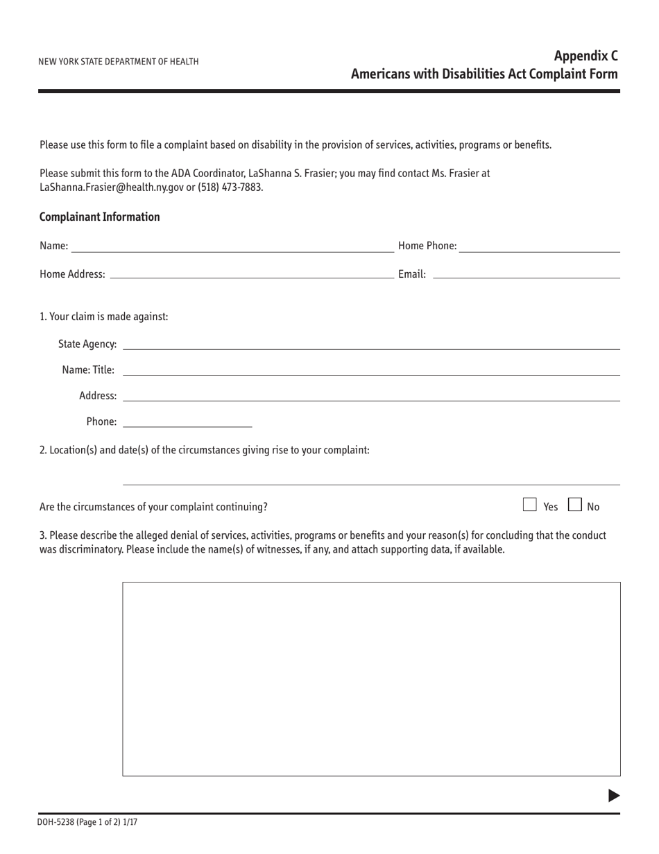 Form DOH-5238 Appendix C Americans With Disabilities Act Complaint Form - New York, Page 1
